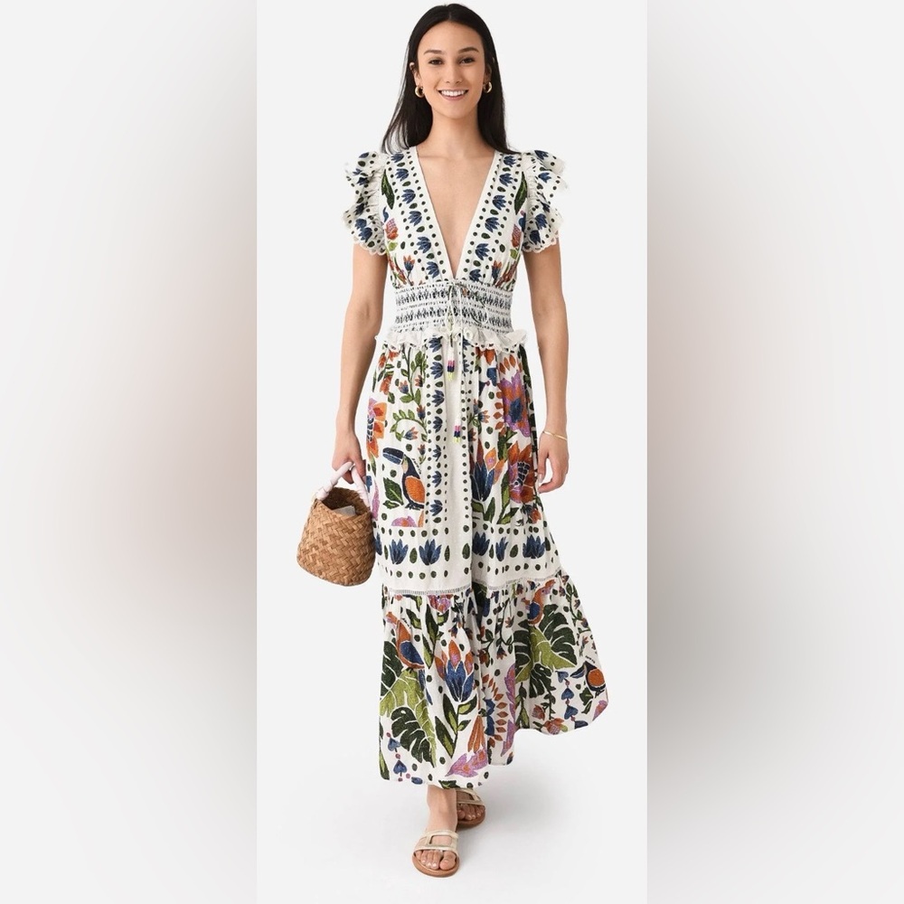 FARM Rio White Floral Maxi Dress with Multicolor Botanical Print